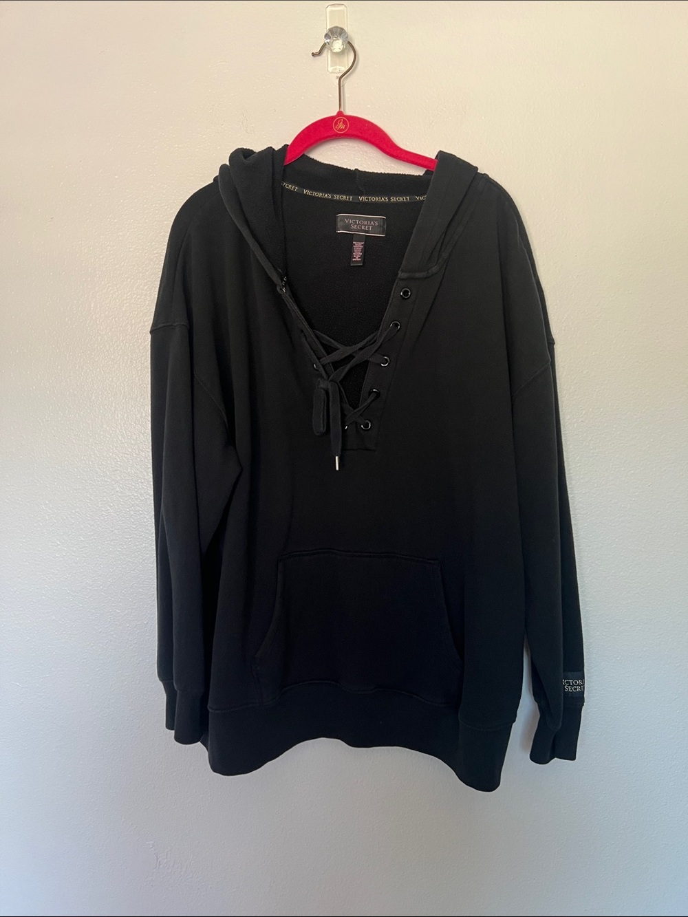 EUC Victoria's Secret Black Lace-Up Hooded Sweatshirt sz XL